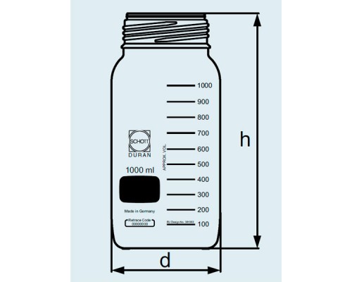 Бутыль DURAN Group 1000 мл, GLS80, широкогорлая, без крышки и сливного кольца, бесцветное стекло