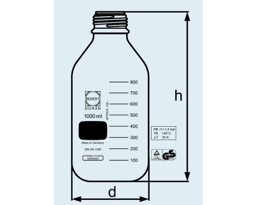 Бутыль DURAN Group 1000 мл, GL45, без крышки и сливного кольца, устойчивая к давлению, коричневое стекло