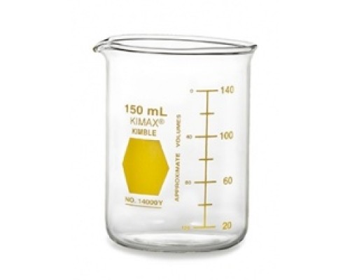 Стакан Гриффина Kimble Colorware 100 мл, низкий, с желтой градуировкой, с носиком, стекло (Артикул 14000Y-100)